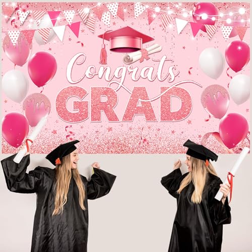 Image of AIBIIN 7x5ft Congrats Grad Backdrop Graduation Decorations 2026 Pink Gold Glitter Balloons Congratulations Graduation Party Decorations Background for Photography Party Supplies