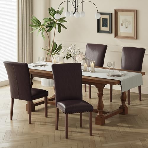 Image of COLAMY Parsons Dining Chairs Set of 4, PU Leather Dining Room Kitchen Side Chair with Nailhead Trim and Wood Legs - Dark Brown
