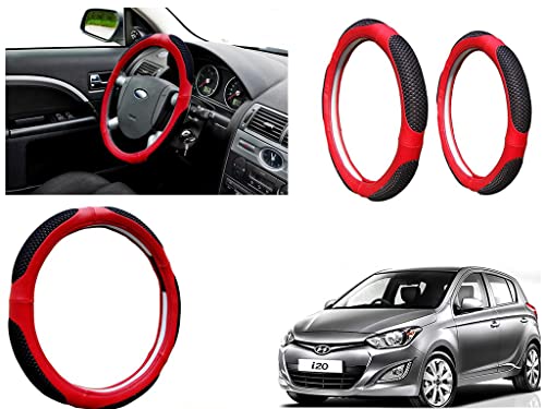 Image of Microfiber Car Steering Wheel Cover, Soft Padding Great Hand Feel, Anti-Slip, Faux Leather Steering Cover for Hyundai I20 Type2 | Black Red Jali - Pack of 1