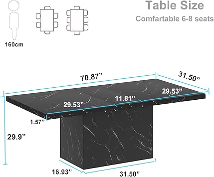 HSH Dining Table Modern Rectangle Kitchen Dinner Table 180cm Black Marble | Modern Dinner Table for 6-8, Farmhouse Kitchen Table for Living Room, Industrial Wood Dining Room Tables with Sturdy Base