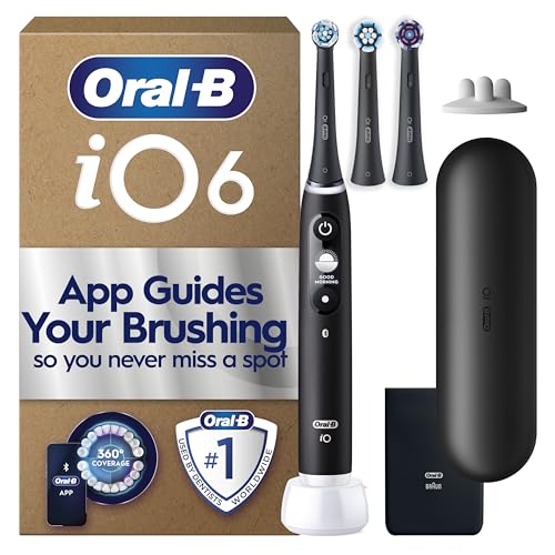 Oral-B iO6 Electric Toothbrush for Adults, Black, 5 Cleaning Modes with Teeth Whitening, Includes 3 Brush Heads, Long-Lasting Battery with Travel Case for Home and Travel, 2 Pin Plug