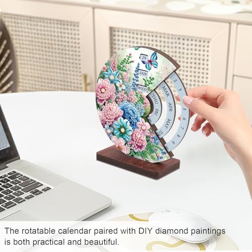 Image of AiYuanzsh DIY Diamond Art Tabletop Calendar Kit - 3D Wooden Perpetual Desk Ornament with Butterfly and Flower Design, Crystal Diamond Painting Desktop Decoration Gift
