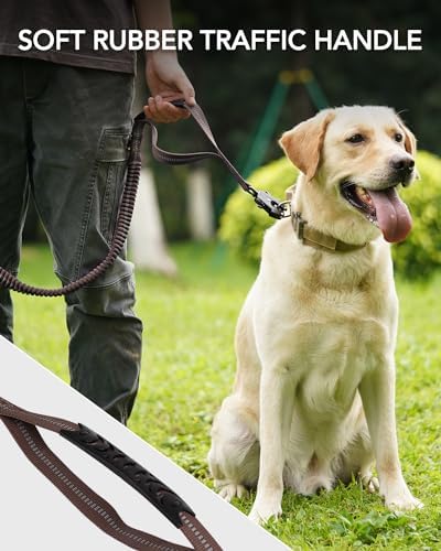 Joytale Taktische Hundeleine, 1.2m-1.8m Bungee Hundeleine Reflektierend mit 2 Gepolsterten Griffen, Autosicherheitsgurt, Leine Hund ohne Zugkraft für Mittelgroße, Große, X-Große Hunde, Braun