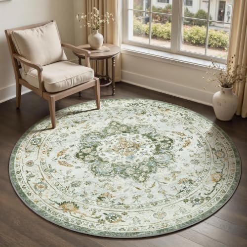 PADOOR-Vintage 4FT Round -Soft Green-Machine Washable for Bedroom-Non Slip Circle Rug-Rug for Dining Room Living Room Bedside Office