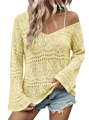 Image of Cakulo Womens Spring Summer Off Shoulder Crochet Boho Tops Lightweight V Neck Sweaters 2026 Vacation Cruise Yellow M