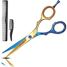 Professional Razor Edge Barber Hair Cutting Scissors - Japanese Stainless Steel Salon Scissors - 6.5 Overall Length - Fine Adjustment - Blue and Gold Titanium