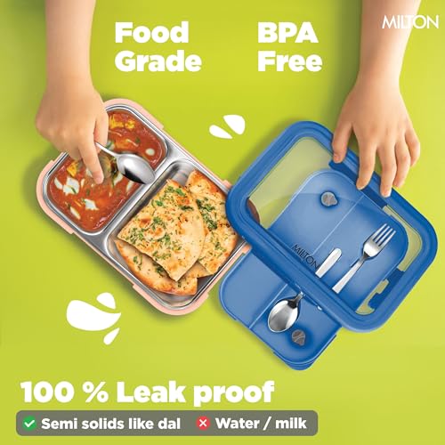 Image of Milton Ethan 2 Inner Stainless Steel Tiffin Box for School, 2 Partition, Steam Release Plug | PU Insulated, Leak-Proof, Food Grade I Lunch Box for Kids Boys, Girls with Snap Lock Lid,650 ml, Dark Blue