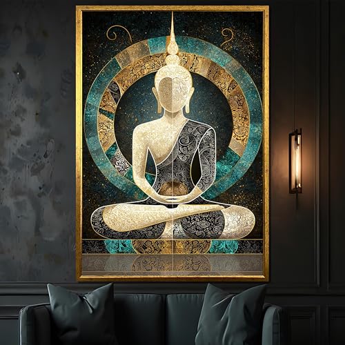 Impression sur toile Bouddha fleurs dorées 50x75cm grand format affiche zen