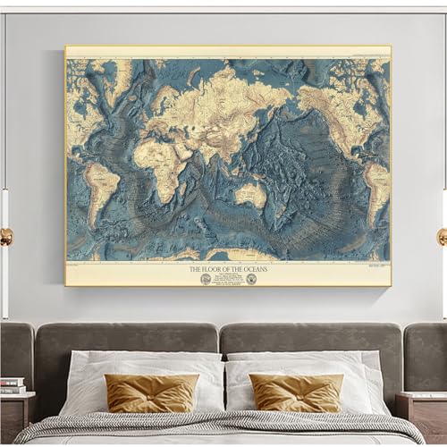 Topografía de tierras y océanos del mundo. Lámina del fondo oceánico. Cartografía de la geología del fondo del océano. Póster en lienzo para decoración de pared (22"L x 16"W, sin marco) miniatura 5