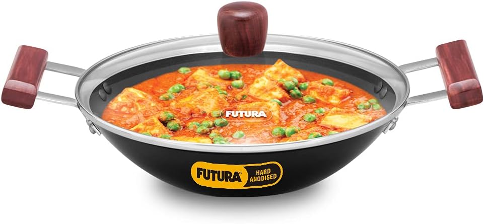 Futura 2 Litre Deep Fry Pan, Hard Anodised Kadai with Glass Lid, Flat Bottom Kadhai, Black (AD20G)