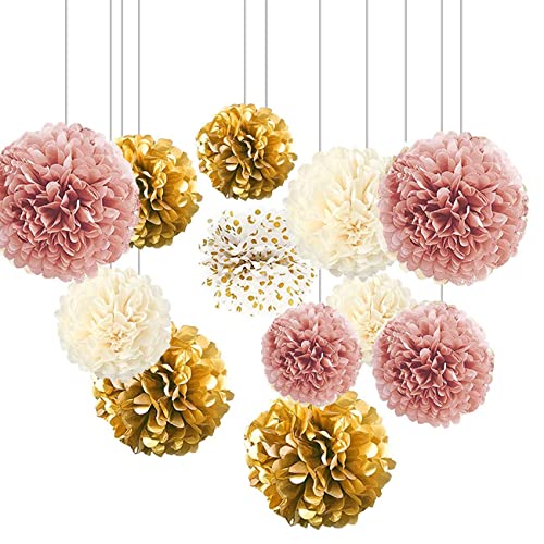 Image of XIKSXITN 12 pc Gold Gradient Tissue Paper Pompoms-Hanging Gold Dot White Paper Pom Poms Paper Flowers Ball for Party Decorative(8&10&12 inch)