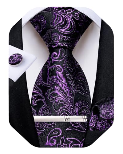 Image of DiBanGu Paisley Ties for Men Silk Necktie and Pocket Square Cufflinks Tie Clip Set Woven Classic Mens Tie for Wedding Party