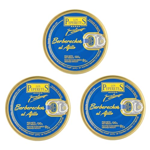 LOS PEPERETES x3 Lata Berberechos al Ajillo 120 g | Marisco Gallego Gourmet | Elaboración Artesanal | Conserva Premium con Aceite de Oliva, Ajo y Guindilla | Sabor Tradicional de Galicia