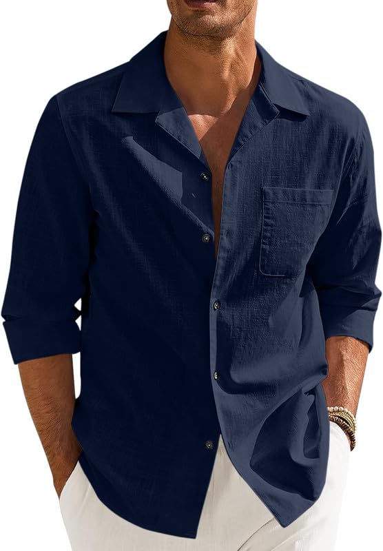 Image of Combo of Men's Casual Cotton Blend Shirt || Long Sleeve Button Down with Spread Collar | Lightweight Breathable Fabric | Stylish Solid Shirt for Beach, Office & Everyday Wear Pack of 2