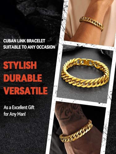 FaithHeart Stainless Steel Cuban Link Bracelet for Men, Gold Plated/Black/Silver Mens Chain Bracelet 8/12/17mm Width, 7.5/8.3/9.1 Inch Length Sturdy Wrist Bracelets Hip Hop Jewelry, with Gift Box2