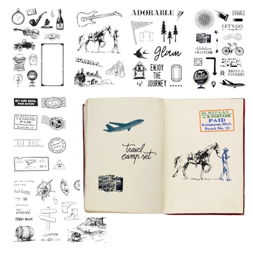 MUWINC Tampon Scrapbooking - 78 Tampons en Silicone Transparents Vintage,Motifs Voyage Rétro,Tampons Réutilisables pour Scrapbooking, Cartes & Projets DIY