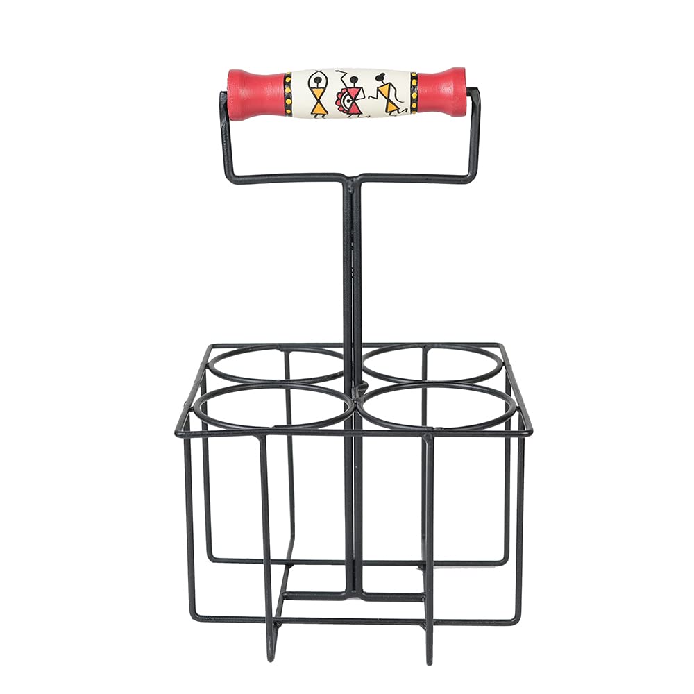 Artysta 'Warli Dancing' Transparent Juice Glasses with Stand | Big Glass Set for Water Mocktail Beer Lassi | Glass Organizer Set of 4 (400 ml) - Image 3 thumbnail
