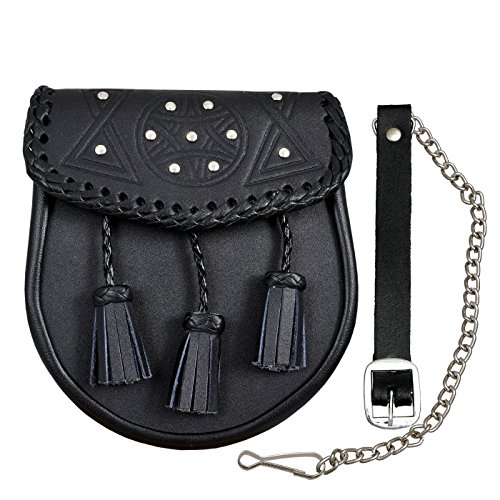 Negro Cuero Kilt Sporran Con Borlas Cuero Sporran