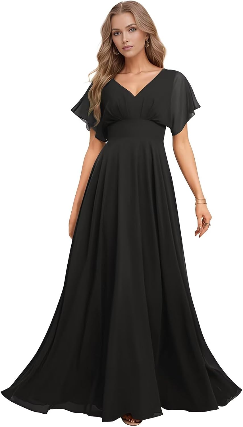 RunaCelle V Neck Chiffon Bridesmaid Dresses for Women Flutter Sleeve Wedding Guest Dress A Line Maxi Formal Evening Dress