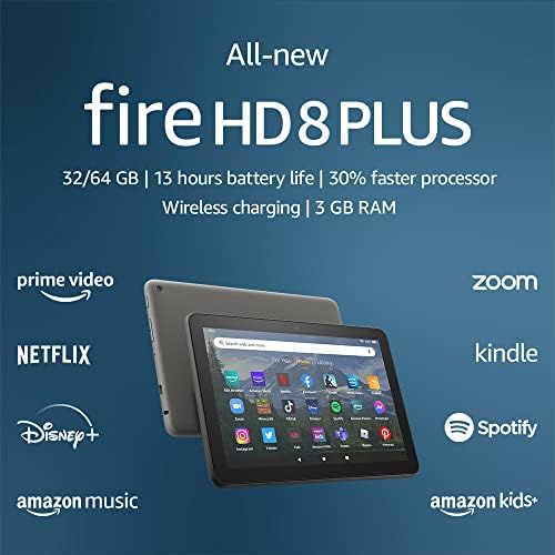 All-new Amazon Fire HD 8 Plus tablet, 8” HD Display, 32 GB, 30% faster processor, 3GB RAM, wireless charging, (2022 release), Gray