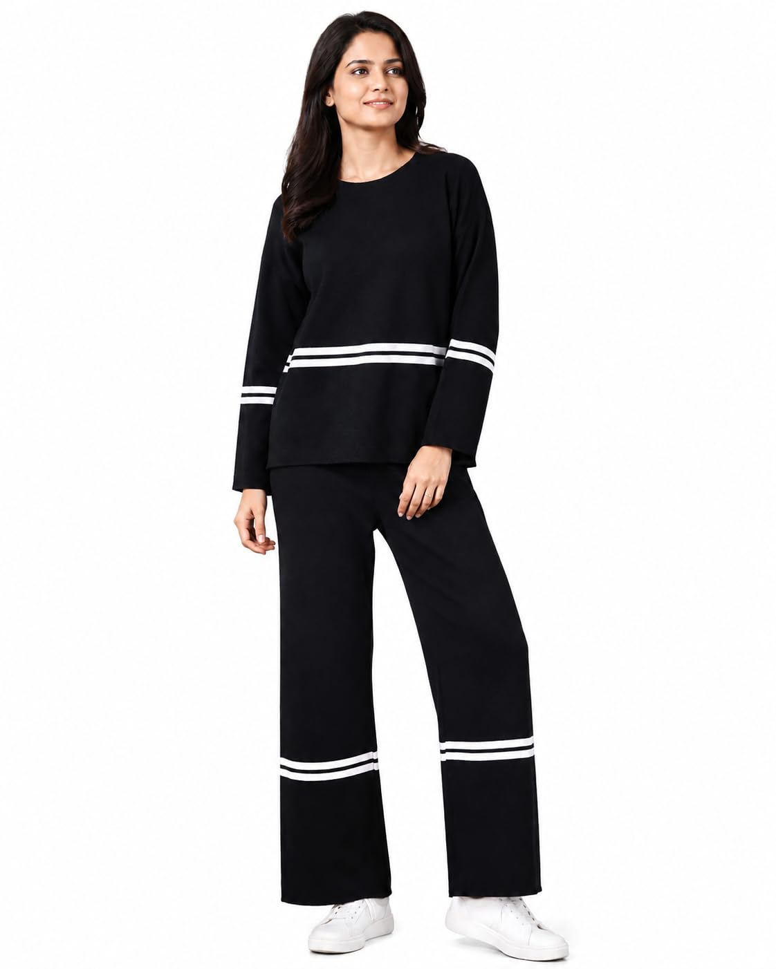 Women's Black Co-Ord Set | Full Sleeve Round Neck Top with Wide Leg Pants | Stripe Detail Lounge Wear | Casual Winter Knit Two Piece Outfit | Comfortable Matching Set for Daily Wear-image-20