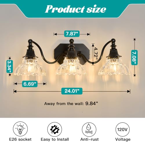 Image of hesoge Farmhouse Bathroom Light Fixture Vintage Vanity Light with Crystal Glass Shade Black 3 Light Wall Mount Lamp Over Mirror