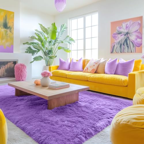 OLANLY Area Rugs for Living Room Bedroom, Machine Washable 4x5.9 ft Soft Fluffy Shaggy Bedside Rug, Indoor Floor Carpet for Kids Girls and Boys, Dorms, Nursery Rooms, Home Decor Aesthetic, Purple