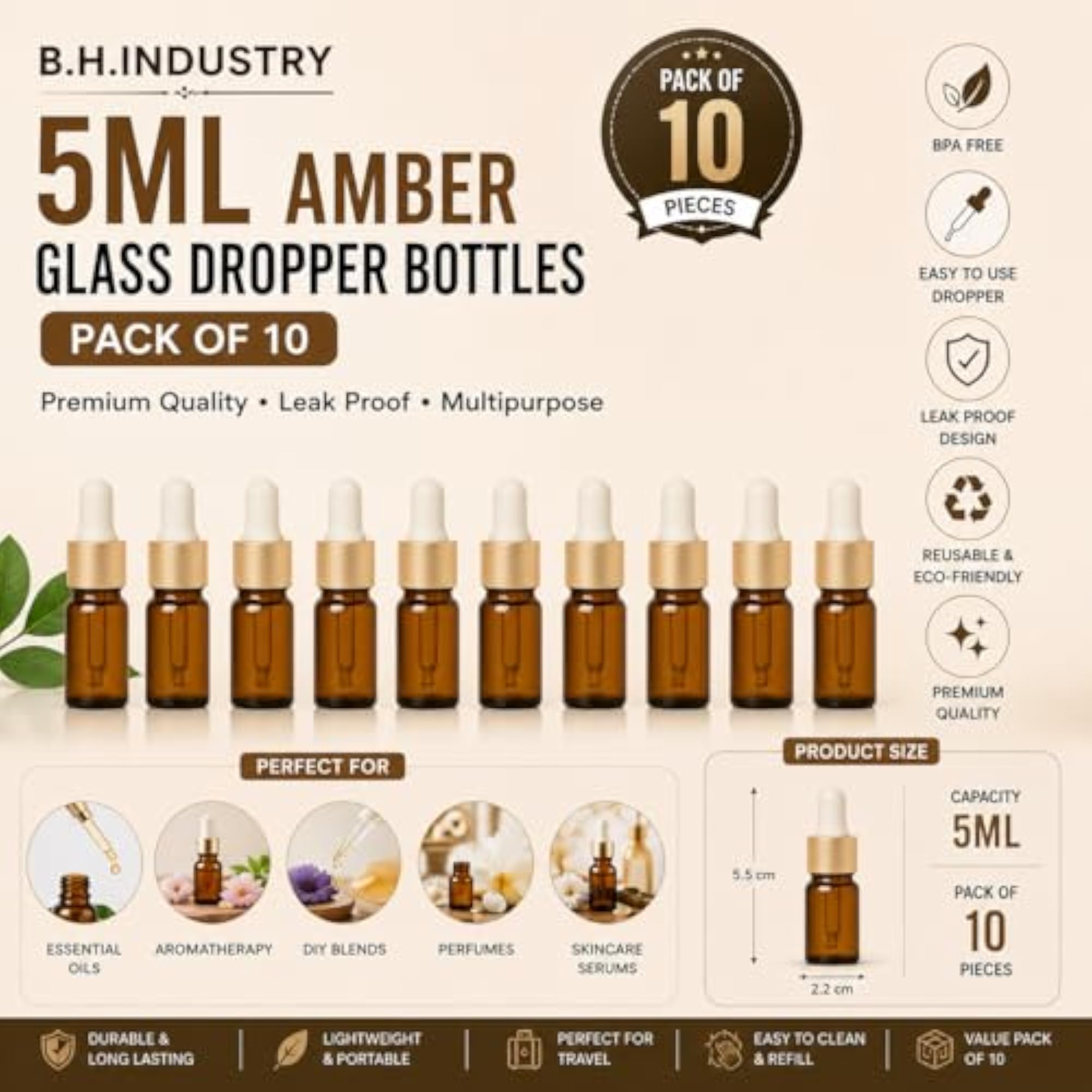 5ml Amber Glass Dropper Bottles with Golden Droppers