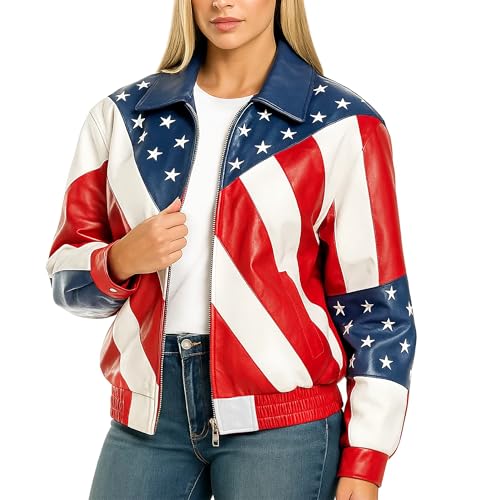 Veste en cuir femme drapeau américain blouson bomber manches longues