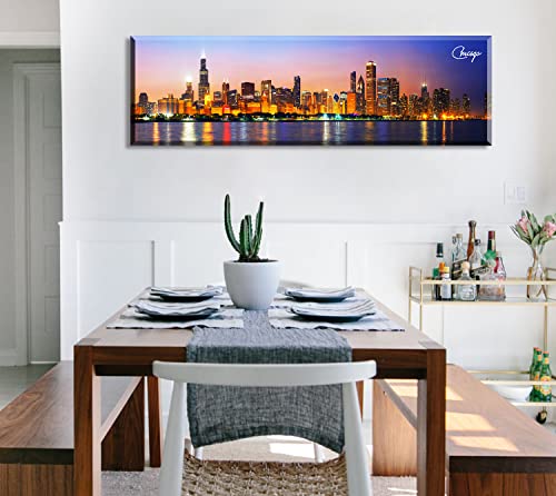 Image of Chicago Skyline Wall Art Canvas Prints, Framed, 13.8 inchx45.3 inch | Cityscape USA City Building, Panoramic Night View, Colorful Painting, Modern Home Office Bedroom Decoration