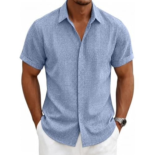 Mens Linen Shirts Short Sleeve Casual Shirt Button Down Summer Beach Vacation Tops Men Casual Dress Shirts Breathable