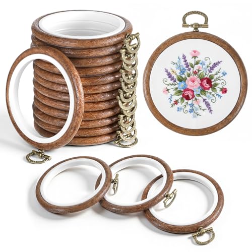Yuanan 15 PCS 3 Inch Embroidery Hoops Decorative Imitated Wood Cross Stitch Hoops Small Embroidery Hoop Bulk Embroiderys Hoop Circle Embroiderys Frame for DIY Art Craft Sewing Hanging Ornaments