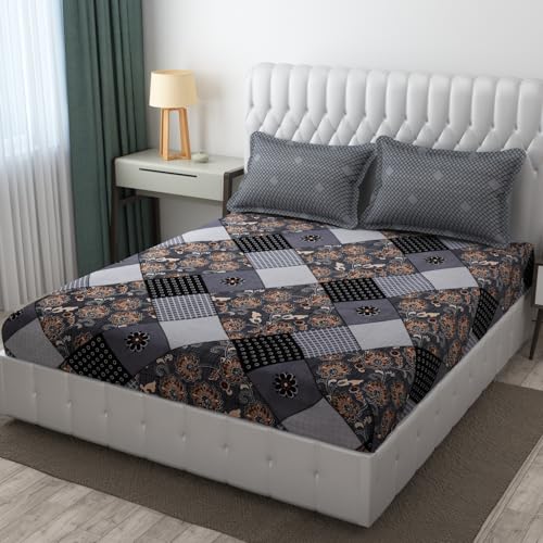 Image of IVAZA Turkish Cotton 280 TC Super Soft Warm Bedsheet Set for Double Size Bed, Durable Double bedsheet with 2 Pillow Cover Black Grey