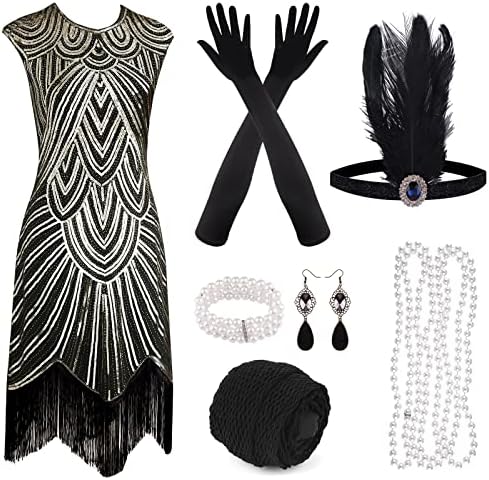 PLULON 1920s Sequin Beaded Fringed Flapper Dress with 20s Accessories Set(Gold and Black,Large)
