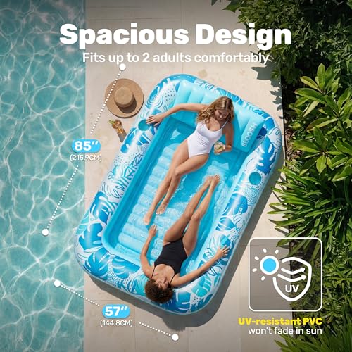 SLOOSH Inflatable Tanning Pool Lounger Float, 85" x 57" Extra Large Pool Floats Adult with Pillow, 4 in 1 Suntan Tub Raft Floatie,Sunbathing Bed Lounge for Water Blow Up Ball Pit Party Gifts, XL-Blue - Image 3