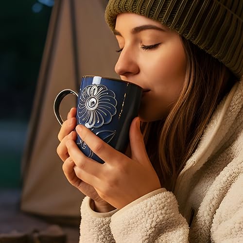Image of KITTENS Handcrafted Blue Floral Ceramic Coffee Mugs Set of 4 - 330 ml Studio Finish Tea & Coffee Cups, Microwave & Dishwasher Safe - Premium Gift for Housewarming & Special Occasions