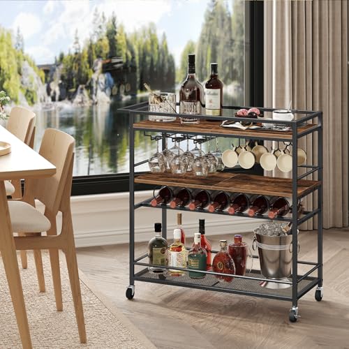 Barcartforhome3tierservingcartwithwheelsandhandle327barcartwithwineracksandglassholdersbeveragecartrollingwinecartforkitchenrusticbrownrchr11701  Urban Country Home Decor Bar cart for home 3 tier serving cart with wheels and handle 327 bar cart with wine racks and glass holders beverage cart rolling wine cart for kitchen rustic brown rchr11701  urban country home decor