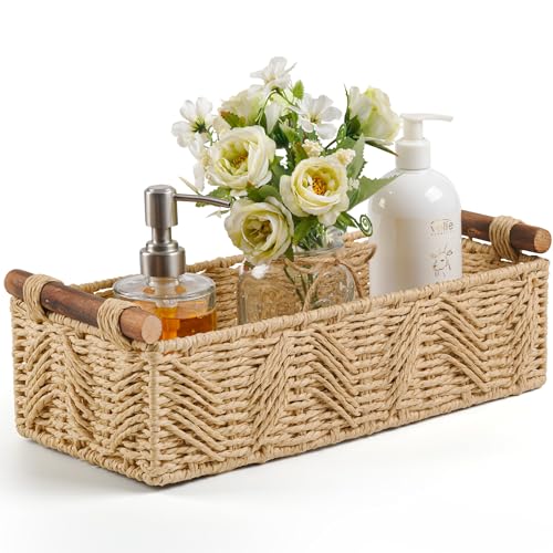 Bathroom Baskets for Organizing with Handle Decorative Basket for Bathroom Countertop Storage Toilet Paper Storage Basket for Toilet Tank Top Small Baskets Set,Beige