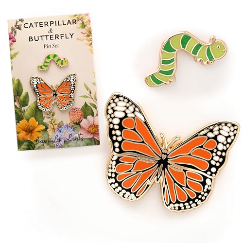 Image of Butterfly & Caterpillar Enamel 2 Piece Pin Gift Set - Cute Nature-Themed Pins for Jackets, Bags, and Accessories - Colorful Collector Pins & Botanical Gift Ideas
