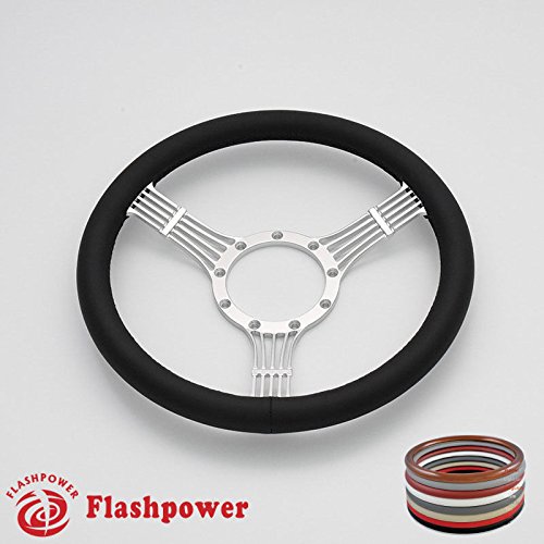 Flashpower 14''Satin Billet Banjo Full Wrap 9 Bolts Steering Wheel with 2'' Dish and Horn Button (Black)