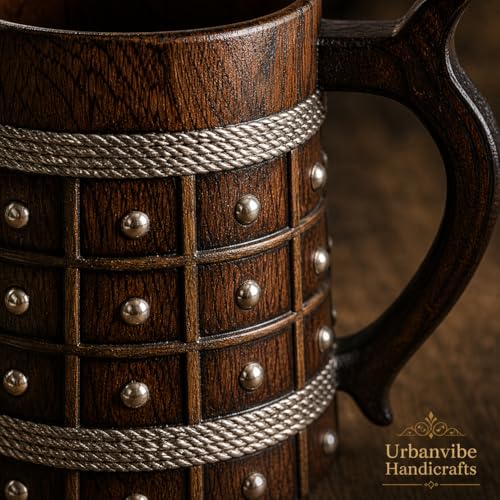 Image of Handmade Wooden Beer Mug, Wood with Sheesham Finish, Barrel Style, Lightweight & Durable, for Craft Beer, Home Bar, Cafe, Party, Gift(350ml) (Barfi with Studds)