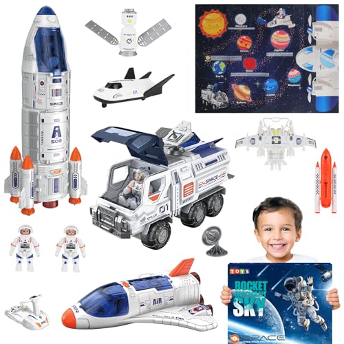 deAO Razzo e Navetta Spaziale per Bambini 3+, Giocattolo Educativo STEM con Astronauti, Rover, Stazione Spaziale e Tappetino Sistema Solare