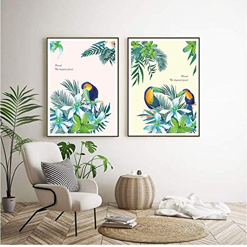 Toile peinture oiseaux aquarelle feuilles vertes décoration maison moderne affiche murale 50x70cm