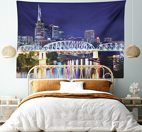 Ambesonne Travel Tapestry, Skyline Of Downtown Of Nashville Tennessee Usa Reflection On The River Travel And Destination Image, Wide Wall Hanging For Bedroom Living Room Dorm, 60" X 40", Purple Green #TOP18