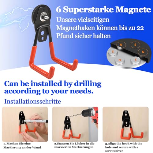 2 Stück Magnethaken, 43mm Magnethaken Extra Stark, Neodym Magnet Mit Haken Extra Stark zum Aufhängen, Magnetischer Haken Mit Anti-Rutsch-Beschichtung zum Metallschränke, Werkzeuge, Akku-Bohrmaschinen