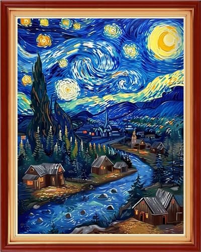 Image of Foxdiviy Stamped Cross Stitch Kits for Beginners Full Range of Cross Stitching 11 CT Printed Cross Stitch Kits for Adults Cross Stitch Patterns Needlepoint Kits-Van Gogh's Star River 16x20 inch
