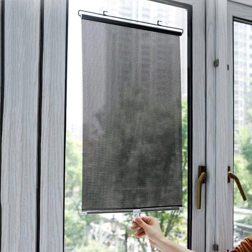Parasol retráctil con ventosas,Persiana Enrollable Negro TelescóPica Cortinas Opacas Ajustables Estor PVC Blackout,para Ventanas y Puerta (68×125cm)