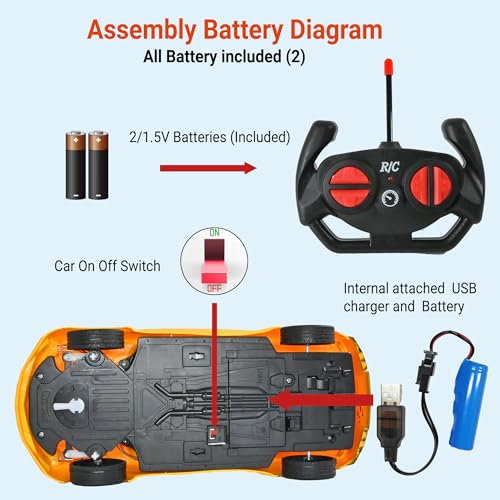 Image of Zila products Toy Remote Control Rechargeable Sports Car for Kid with Led Lights, High Speed yellow color Rc Car, Big Size Toy for 3-10 Years Old Kids, USB Charging battery,m 1:16 Scale racing car.