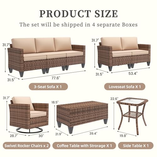 Image of UDPATIO Patio Furniture Set, 6 Pieces Outdoor Furniture Sets with Rocking Swivel Chairs, Wicker Rattan Outdoor Conversation Set with Storage Table and Waterproof Covers for Backyard Deck Porch, Khaki