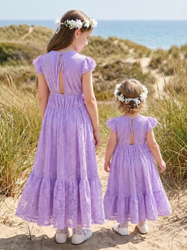 ALLOVIN Toddler & Girls Spring Graduation Lace Flower Girl Dress for Wedding Baptism First Communion Maxi Boho A-Line | Flutter Sleeve Purple | 3-4Y — view 6